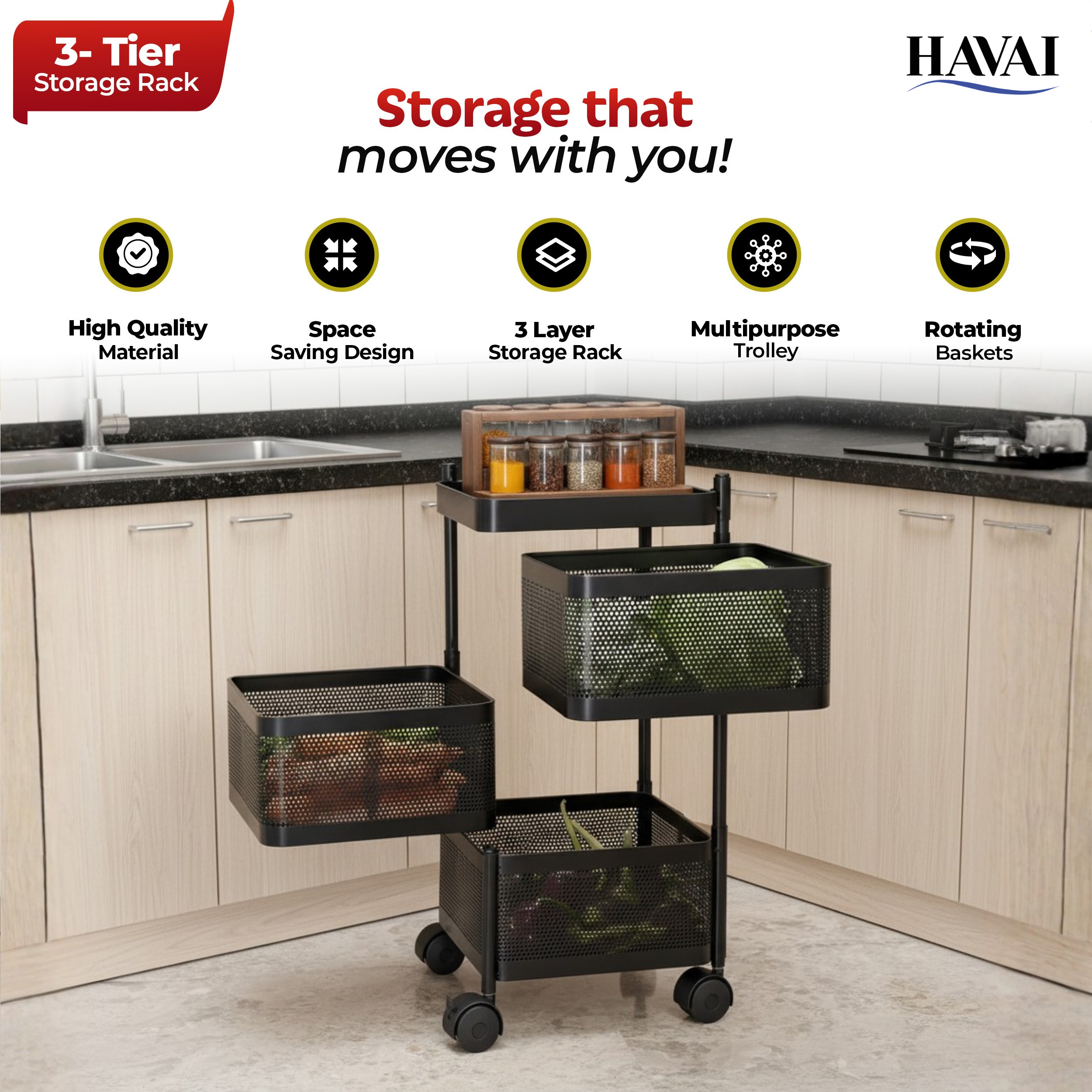 Havai 3 Tier Square Rolling Kitchen Storage Rack | Sturdy Metal Frame | Space-Saving Utility Shelf – Black