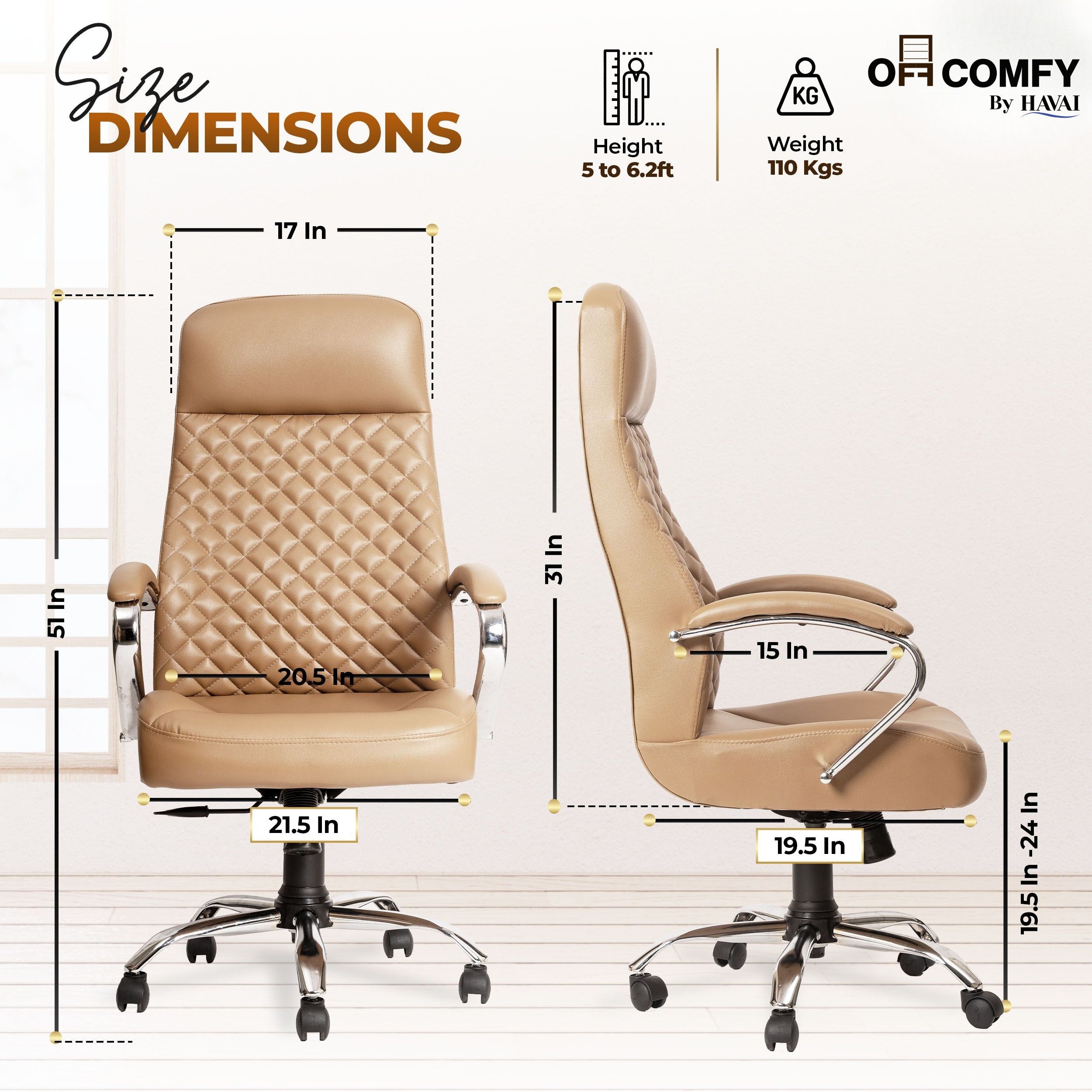 Prime High Back Office Chair | Ergonomic Executive Chair |  Premium Leather | Single Lock Tilt Mechanism |  Mild Steel Chrome Base &amp; Arms | Class 4 Gaslift |  50mm Casters | High-Density Back &amp; Seat Cushion (Camel)