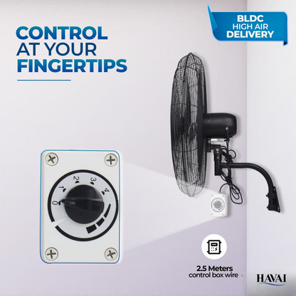 Havai 26" BLDC High-Speed Wall-Mount Fan – 3-Blade Design, Energy Efficient (20W-135W), 700-1400 RPM, 13,500 M³/Hr Airflow, 60-Foot Air Throw, 4-Speed Control, 2-Year Warranty