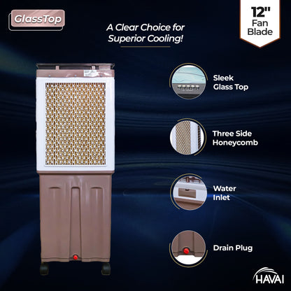 HAVAI Premium Glass Top GT 12+ | 12&quot; Fan Blade | 70 Litre Tank Capacity | 160W Power | 15ft Air Throw | 3-Side Honeycomb Cooling | Sleek Glass Top Design | 4 Castor Wheels