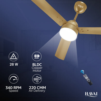 HAVAI Spinel BLDC Ceiling Fan 28W, 1200mm Blade with Remote - Champagne Yellow,9W LED Light