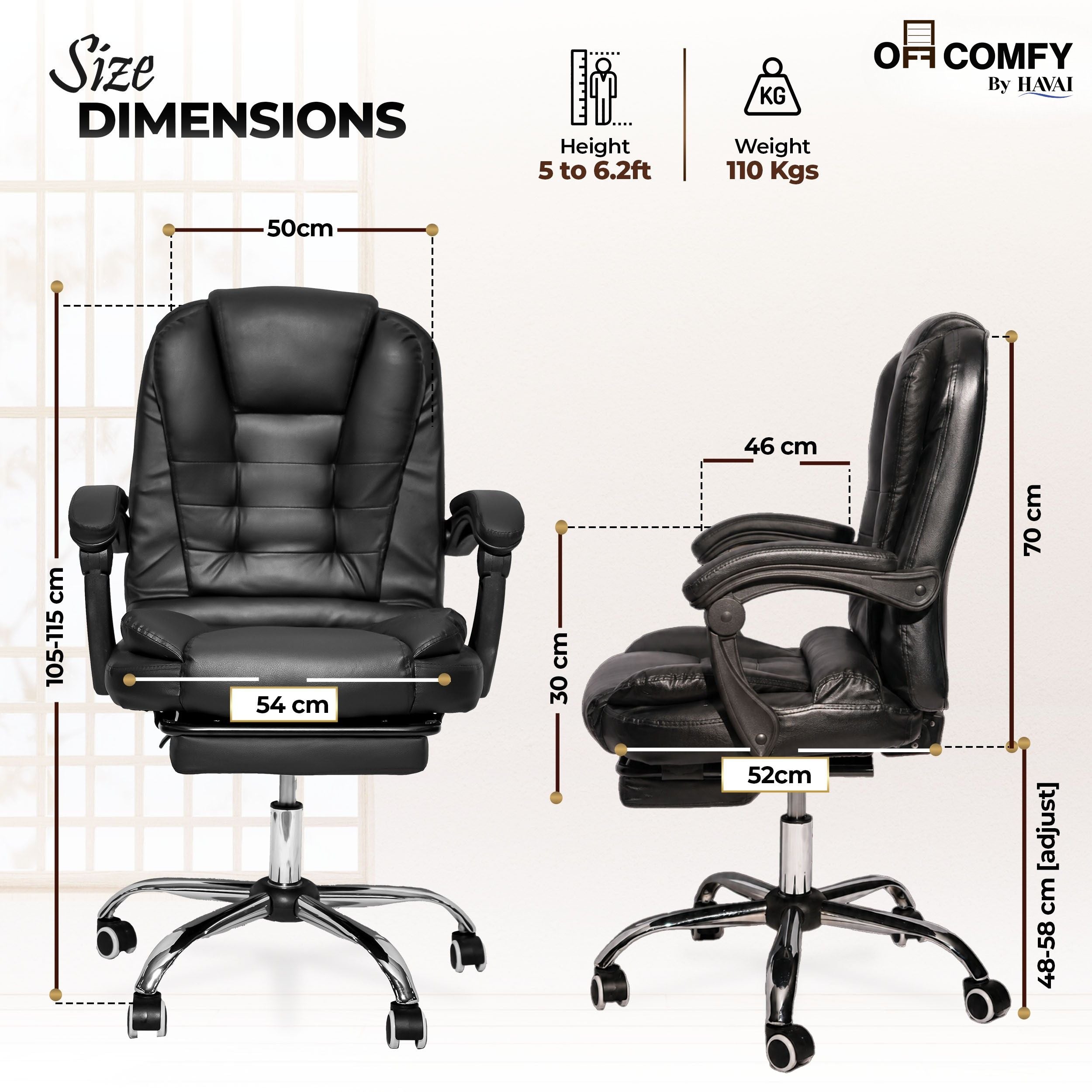 HAVAI Comfexa Executive Office Chair | Premium Recliner Chair with Footrest | Ergonomic High Back Cushion | PVC Leather Finish | Reclining &amp; Folding Mechanism | Class 2 Gas Lift | Nylon Base | Heavy Duty Office &amp; WFH Chair | Black