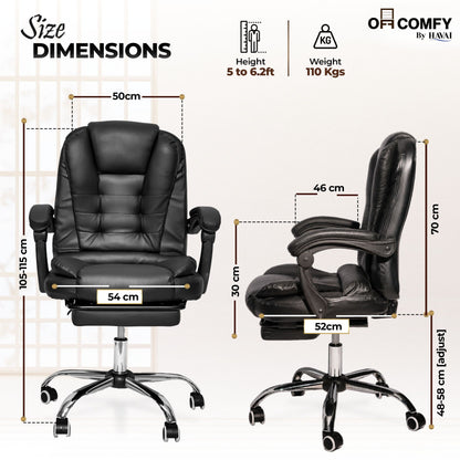 HAVAI Comfexa Executive Office Chair | Premium Recliner Chair with Footrest | Ergonomic High Back Cushion | PVC Leather Finish | Reclining &amp; Folding Mechanism | Class 2 Gas Lift | Nylon Base | Heavy Duty Office &amp; WFH Chair | Black