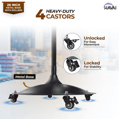 HAVAI 26-Inch Commercial BLDC Pedestal Fan (30–130W) | 2mm Aluminium Blades | Heavy-Duty Metal Base with 4 Lockable Industrial Wheels | Fingerproof Grill | High Airflow | 2-Year On-Site Warranty