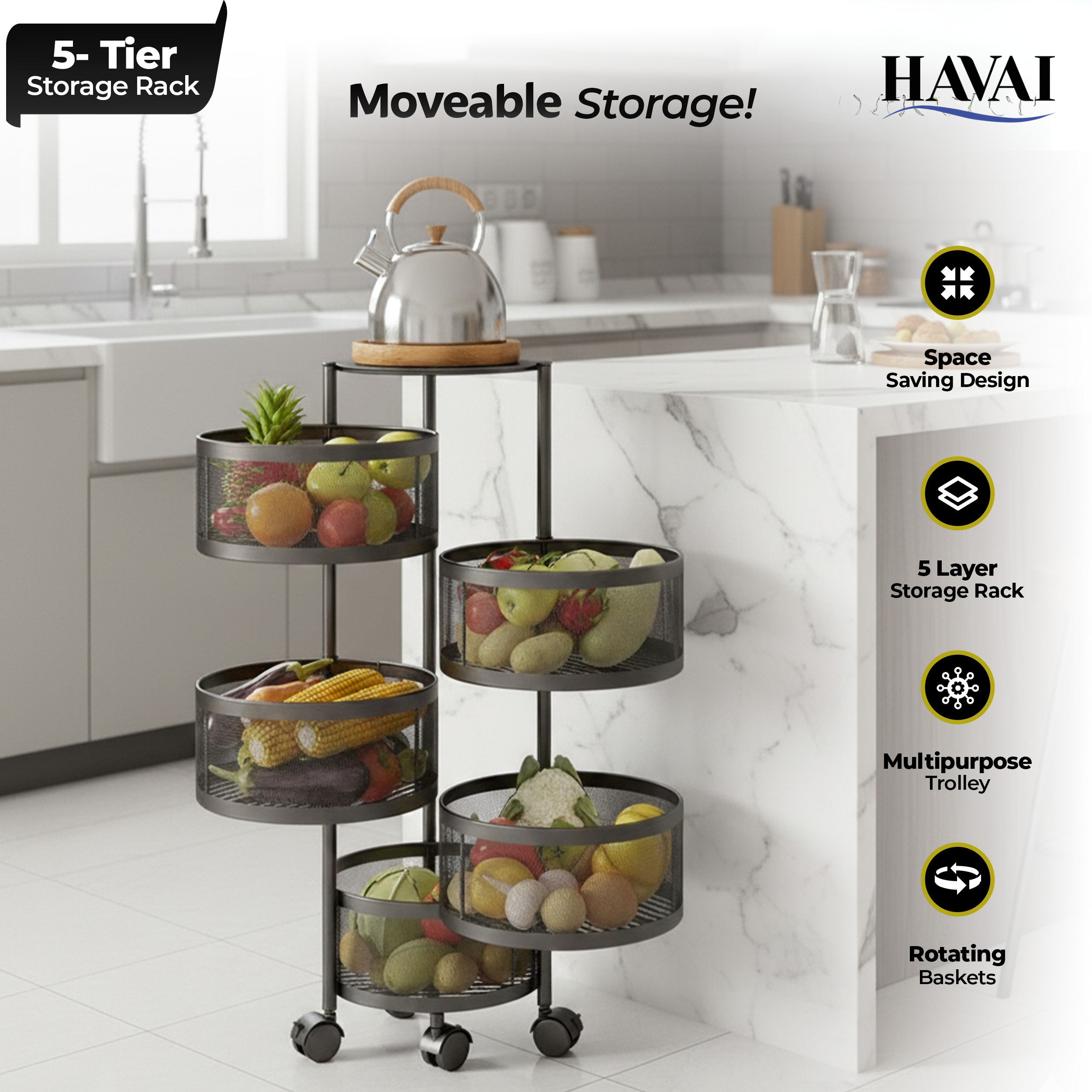 Havai 5 Tier Rolling Kitchen Storage Rack | Sturdy Metal Frame| Space-Saving Utility Shelf – Black
