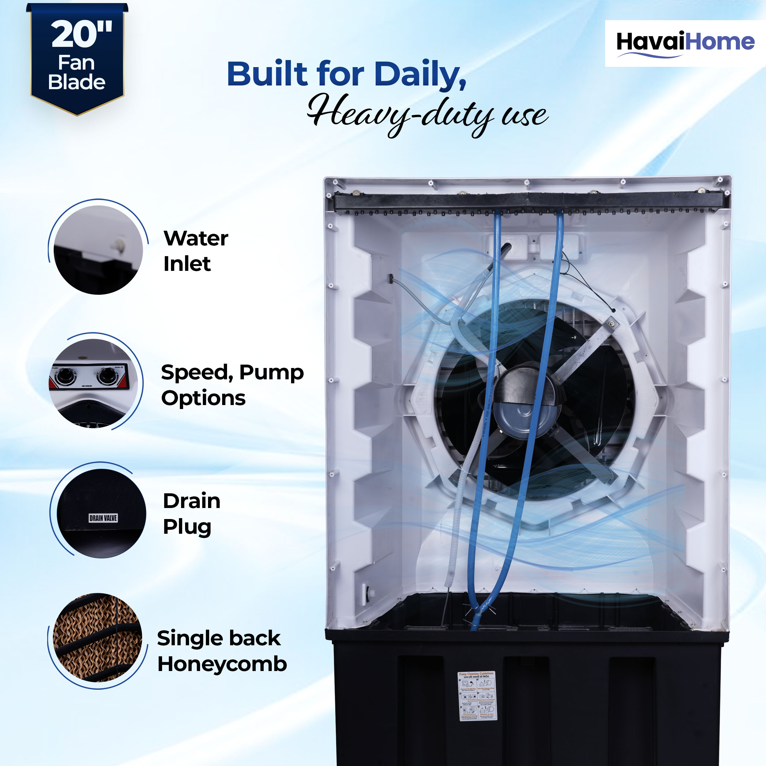 HAVAI Jumbo 20+ Desert Air Cooler for Home &amp; Commercial Use | 20 Inch Aluminium Fan, 150L Tank, 6190 m³/hr Air Delivery | Covers 450 Sq Ft | Honeycomb Pads, Auto Swing Louvers, Wheels | White &amp; Grey