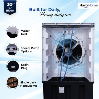 HAVAI Jumbo 20+ Desert Air Cooler for Home &amp; Commercial Use | 20 Inch Aluminium Fan, 150L Tank, 6190 m³/hr Air Delivery | Covers 450 Sq Ft | Honeycomb Pads, Auto Swing Louvers, Wheels | White &amp; Grey