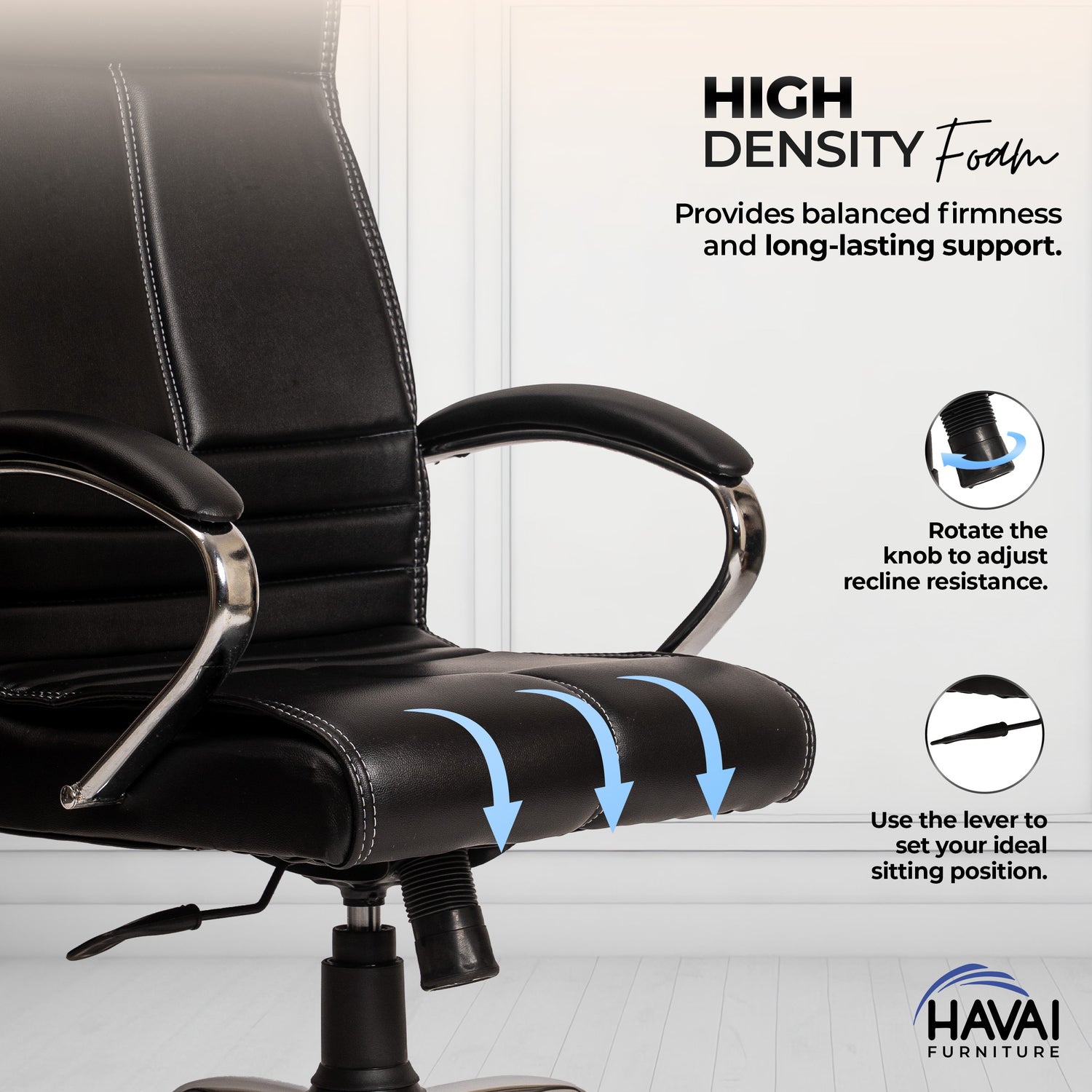 HAVAI Nova High Back Office Chair | Premium Leather | Ergonomic Executive Chair with Single Lock Tilt Mechanism |  Chrome Steel Base &amp; Arms | Class 4 Gaslift | 50mm Casters  | High-Density Cushioned Seat &amp; Back (Black)