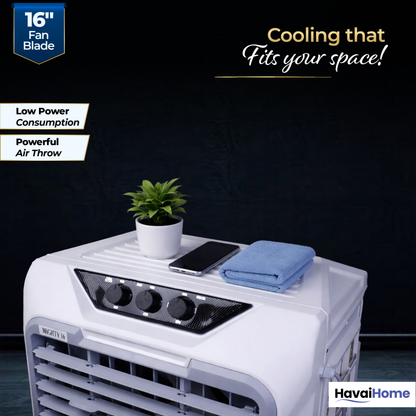 HAVAI Mighty 16 Desert Air Cooler | 16 Inch Special Bent-Edge Blade, 100L Tank, 5190 m³/hr Air Delivery | Covers 350 Sq Ft | Honeycomb Pads, Aluminium Motor, Closed Louvers, Wheels | White &amp; Grey