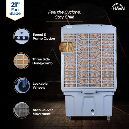 HAVAI Cyclone Desert Air Cooler | 21&quot; Fan Blade | 150L Tank Capacity | 330W High-Performance Cooling | 750 Sq. Ft. Coverage | Auto Swing | Back Honeycomb Pads | Lockable Wheels | White &amp; Grey