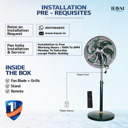 HAVAI BLDC 18" Pedestal Fan, Soundless, 50% Savings On Electricity, High Velocity,For Commercial And Residential Use, Assembly Included , Green - With Remote