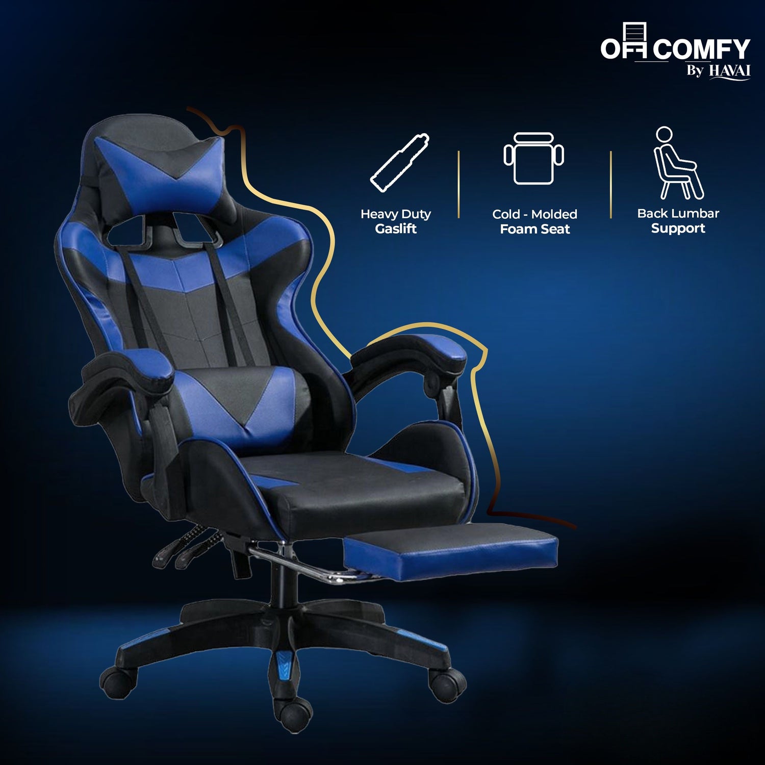 HAVAI Vortex BLUE Gaming Chair | Ergonomic High Back Computer Chair with Linkage Armrests | Reclining &amp; Folding Backrest | Premium 0.55mm PVC Upholstery | High Density Foam Cushion | Class 1 Gas Lift | 320mm Nylon Base | Heavy Duty Wheels | (Blue &amp; Black)