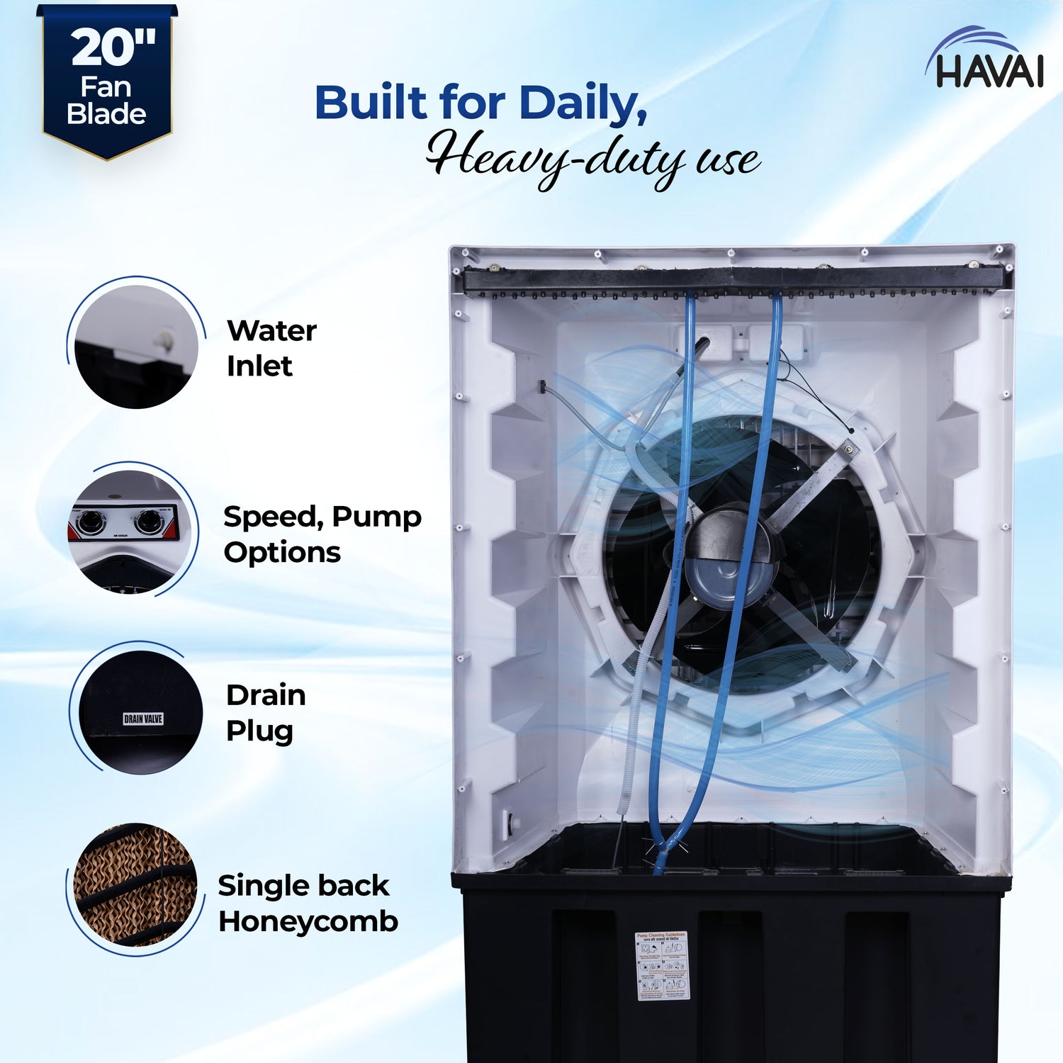 HAVAI Jumbo 20+ Desert Air Cooler for Home &amp; Commercial Use | 20 Inch Aluminium Fan, 150L Tank, 6190 m³/hr Air Delivery | Covers 450 Sq Ft | Honeycomb Pads, Auto Swing Louvers, Wheels | White &amp; Grey