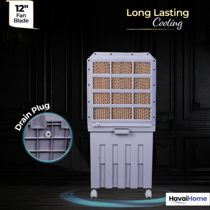 HAVAI Breeze-12 Personal Air Cooler | 50L Tank | 12″ Blade | Ideal for 100 sq ft Rooms | 98W Power | 8 ft Air Throw | 2600 RPM | Auto-Louver | 3-Speed | 1-Year On-Site Warranty (Grey)