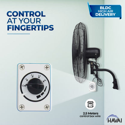 HAVAI 30&quot; BLDC High-Speed Wall-Mount Fan – 3-Blade Design, Energy Efficient (20W-135W), 700-1400 RPM, 18,000 M³/Hr Airflow, 75-Foot Air Throw, 4-Speed Control, 2-Year Warranty