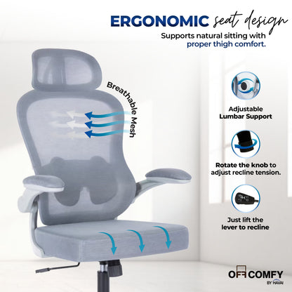 HAVAI LUMA GREY Ergonomic Mesh Office Chair | Mid Back | Breathable Net Fabric | Reclining | Height Adjustable | Class 2 Gas Lift | Nylon Base | Smooth Wheels | WFH &amp; Office