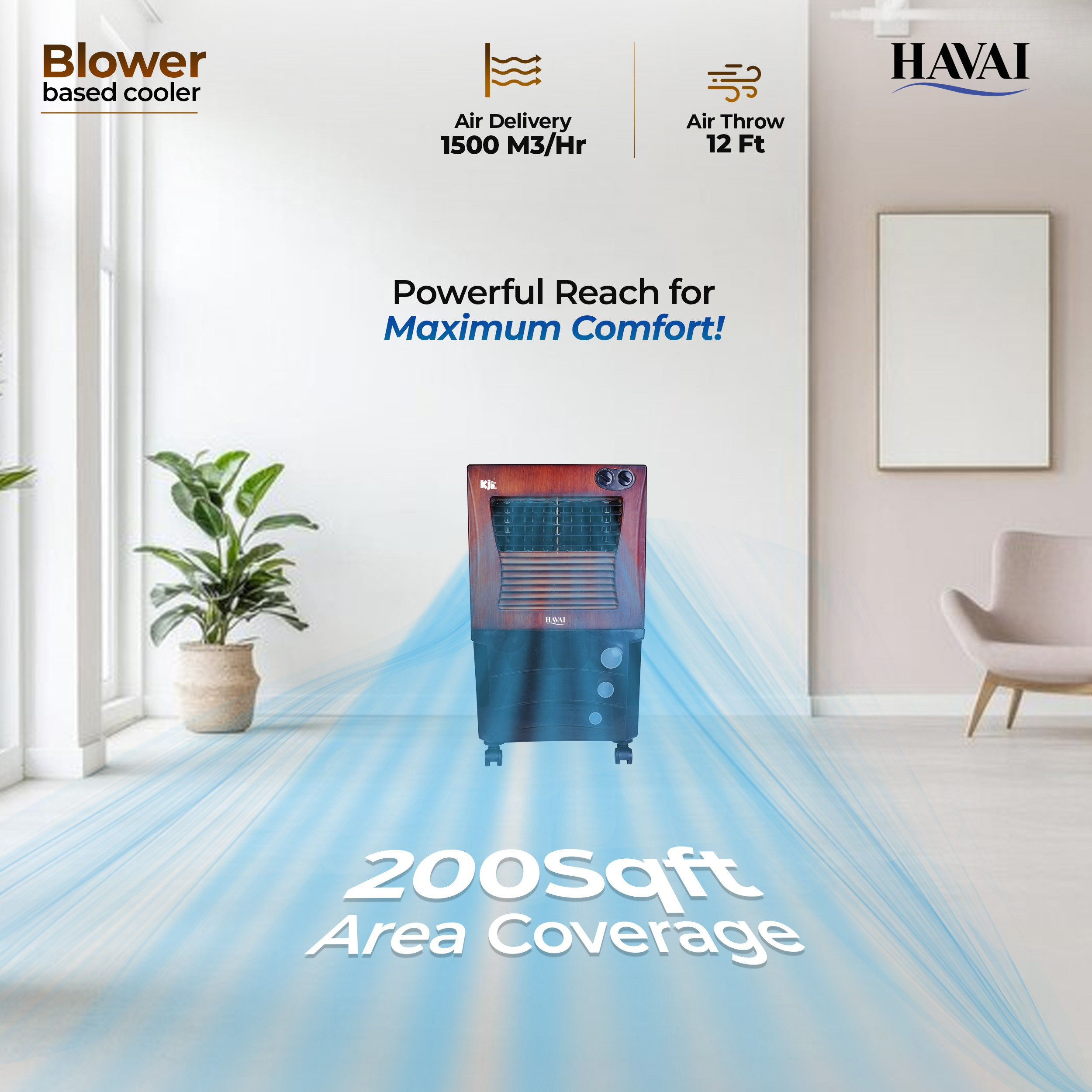 HAVAI KJR Ebony Plus Air Cooler |Wooden Finish |Blower Based Thrust | 200 Sq. Ft Area Coverage |12-Foot Air Throw |65 Litre Tank Capacity, Three Side Honeycomb, Ice Chamber, 1 Year Warranty