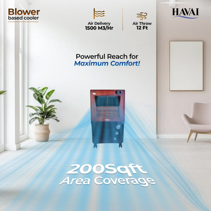 HAVAI KJR Ebony Plus Air Cooler |Wooden Finish |Blower Based Thrust | 200 Sq. Ft Area Coverage |12-Foot Air Throw |65 Litre Tank Capacity, Three Side Honeycomb, Ice Chamber, 1 Year Warranty