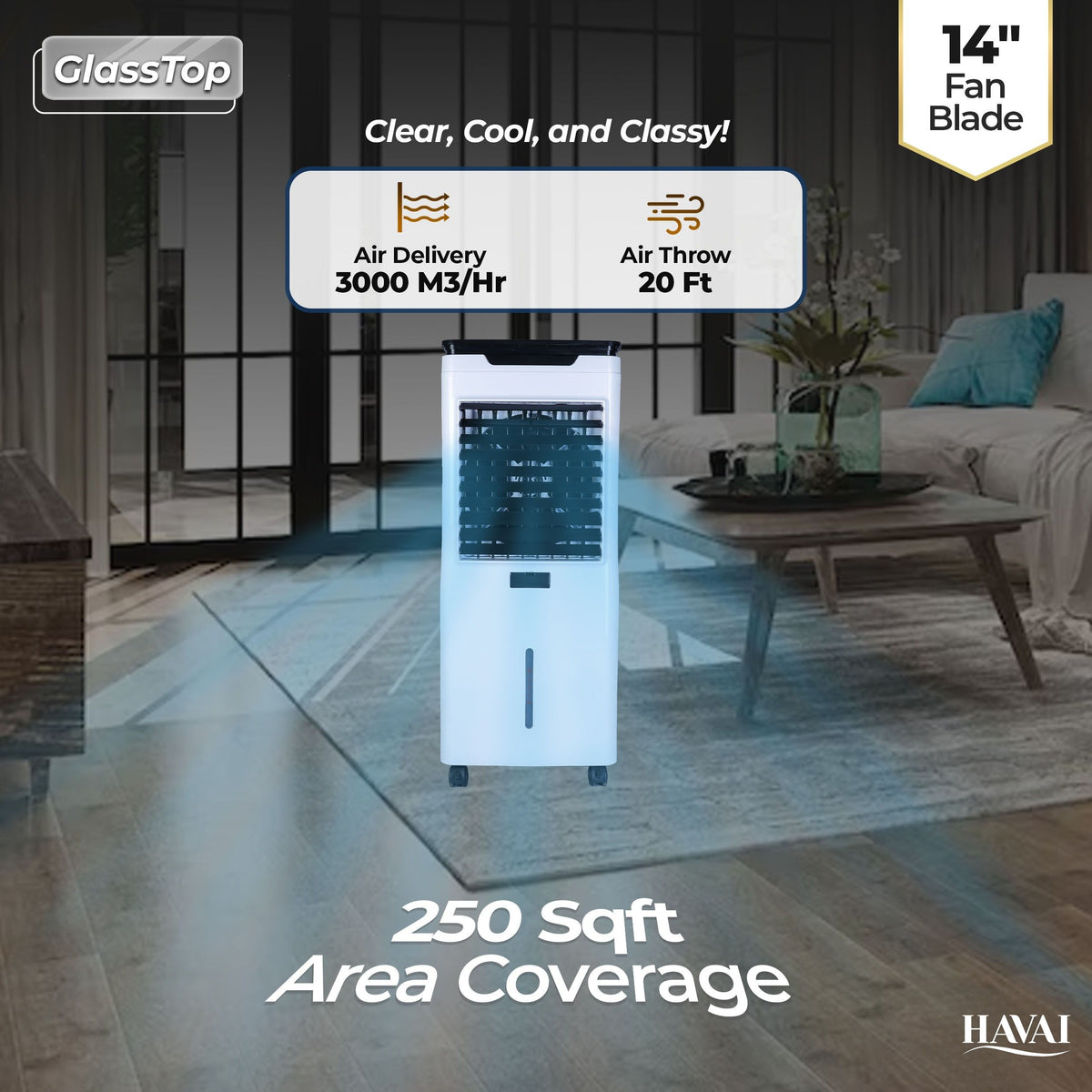 HAVAI Premium Glass Top GT 14 Air Cooler | 60L Tank Capacity | 14" Fan Blade | 170W Power | 20ft Air Throw | 3-Side Honeycomb Cooling | Sleek Glass Top Design | 4 Castor Wheels