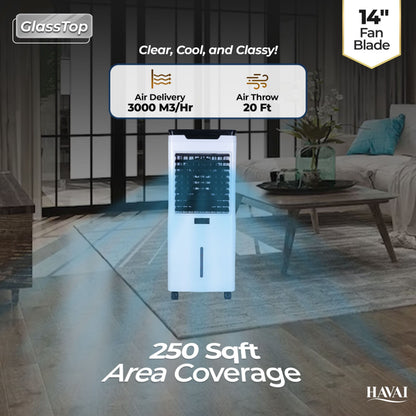 HAVAI Premium Glass Top GT 14 Air Cooler | 60L Tank Capacity | 14" Fan Blade | 170W Power | 20ft Air Throw | 3-Side Honeycomb Cooling | Sleek Glass Top Design | 4 Castor Wheels