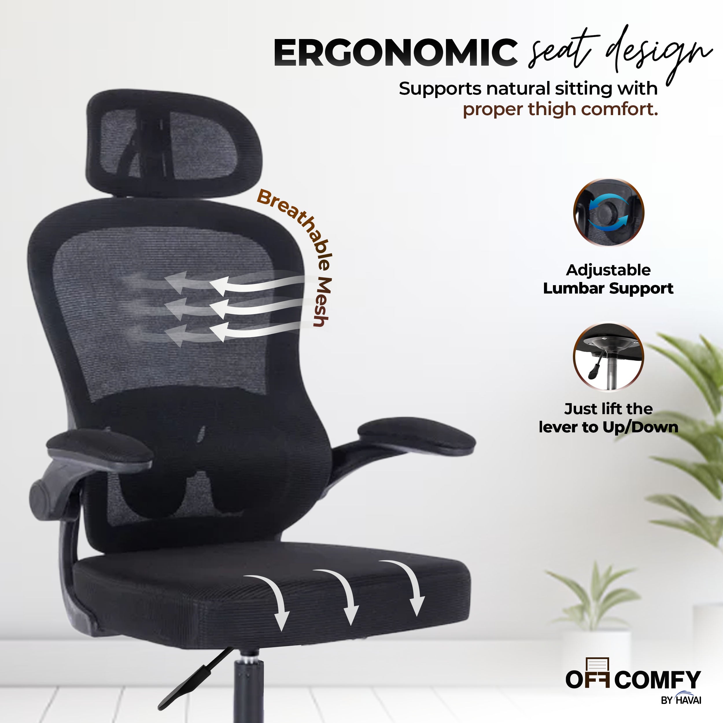 HAVAI LUMA BLACK Ergonomic Mesh Office Chair | Mid Back | Breathable Net Fabric | Height Adjustable | Class 2 Gas Lift | Nylon Base | Smooth Wheels | WFH &amp; Office (BLACK)