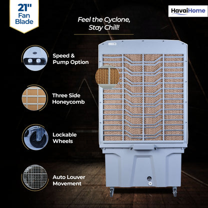 Cyclone Desert Air Cooler | 21" Fan Blade | 150L Tank Capacity | 330W High-Performance Cooling | 750 Sq. Ft. Coverage | Auto Swing | Back Honeycomb Pads | Lockable Wheels | White &amp; Grey