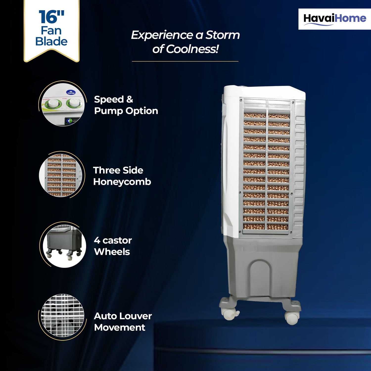 Breeze 60L Desert Air Cooler | 16" Fan Blade | 60L Tank Capacity | 500 Sq. Ft. Coverage | Auto Swing | Back Honeycomb Pads | White &amp; Grey