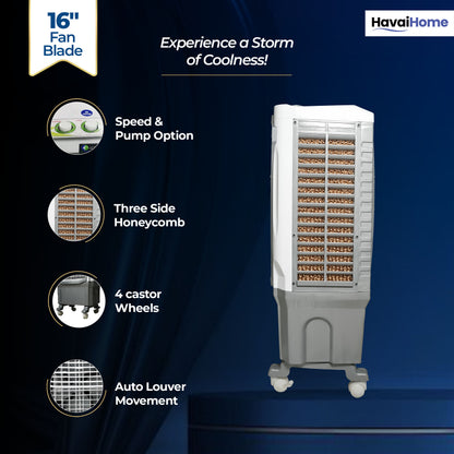 Breeze 60L Desert Air Cooler | 16" Fan Blade | 60L Tank Capacity | 500 Sq. Ft. Coverage | Auto Swing | Back Honeycomb Pads | White &amp; Grey