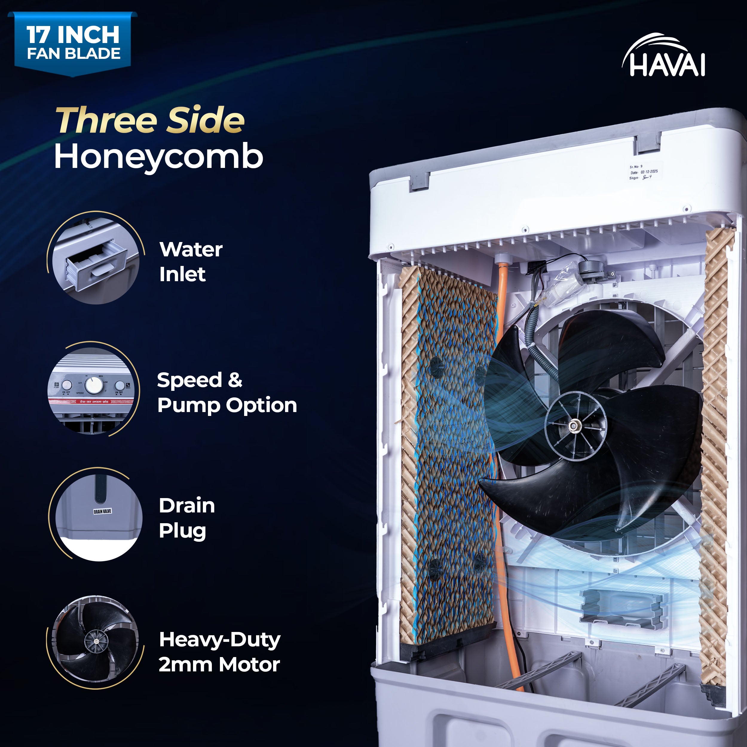 HAVAI Thunder 17+ Desert Cooler | 100L Tank | 17-Inch Fan Blade | 3-Side Honeycomb Pads | Heavy-Duty 110 Dia 32mm Motor | Auto Swing | 1-Year Motor Warranty &amp; Post-Warranty Service | White &amp; Brown