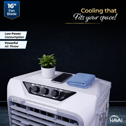 HAVAI Mighty 16 Desert Air Cooler | 16 Inch Special Bent-Edge Blade, 100L Tank, 5190 m³/hr Air Delivery | Covers 350 Sq Ft | Honeycomb Pads, Aluminium Motor, Closed Louvers, Wheels | White &amp; Grey