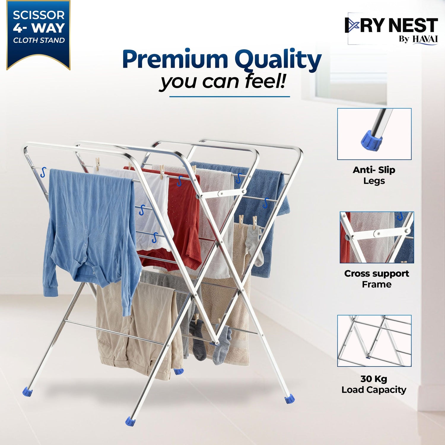 HAVAI DRY NEST 3kg Heavy Duty Premium Cloth Drying Stand | 4-Way Foldable Stainless Steel Clothes Dryer | 20 Rods with Hanger Hooks | 30kg Load Capacity | Strong &amp; Stable | 2 Year Warranty