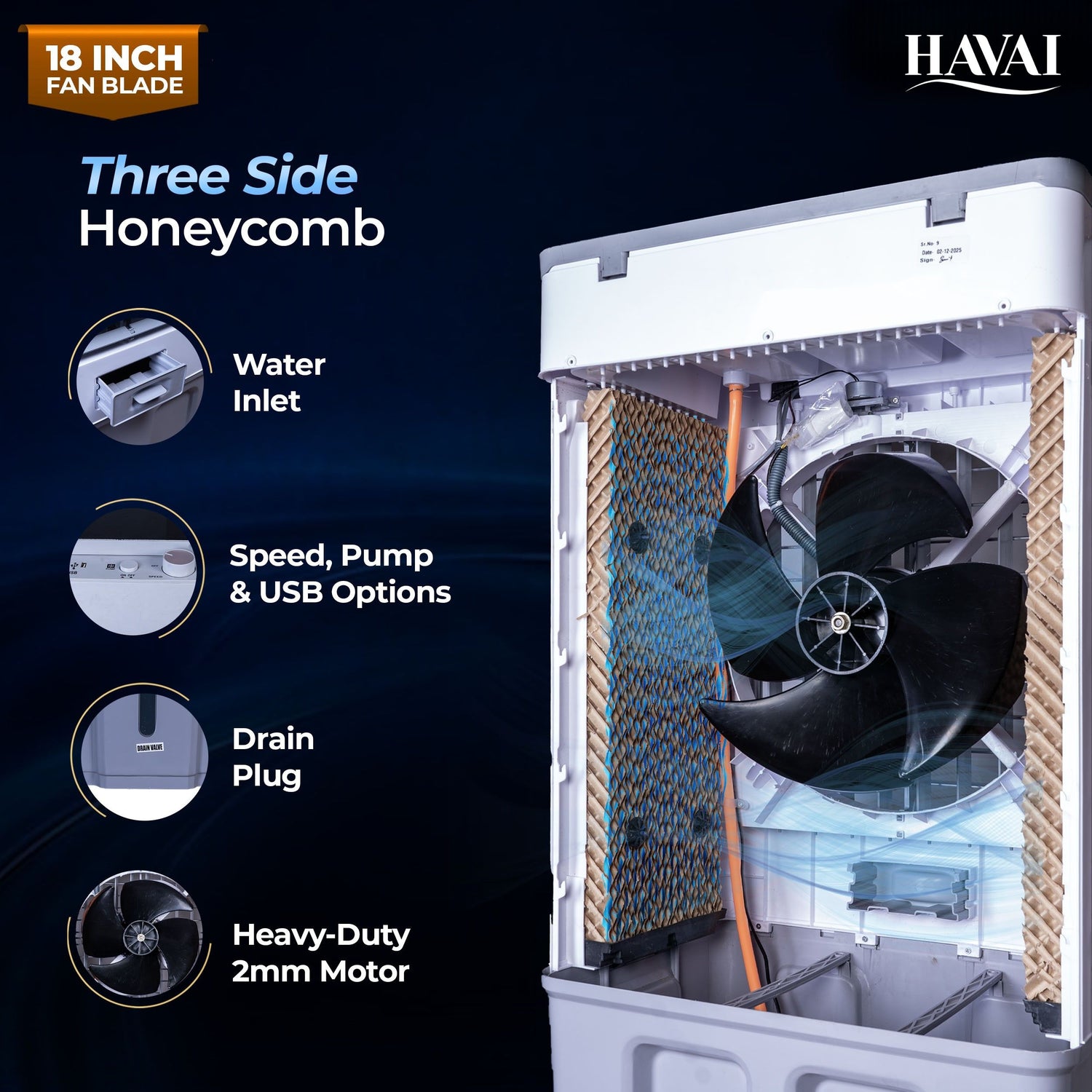 HAVAI Thunder 18+ GT Desert Cooler | 18” Aluminium Blade | 100L Tank | 3-Side Honeycomb Pads | 20 Ft Air Throw | Heavy-Duty 110mm Motor | Auto Swing | White &amp; Grey