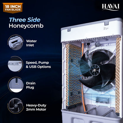 HAVAI Thunder 18+ GT Desert Cooler | 18” Aluminium Blade | 100L Tank | 3-Side Honeycomb Pads | 20 Ft Air Throw | Heavy-Duty 110mm Motor | Auto Swing | White &amp; Grey