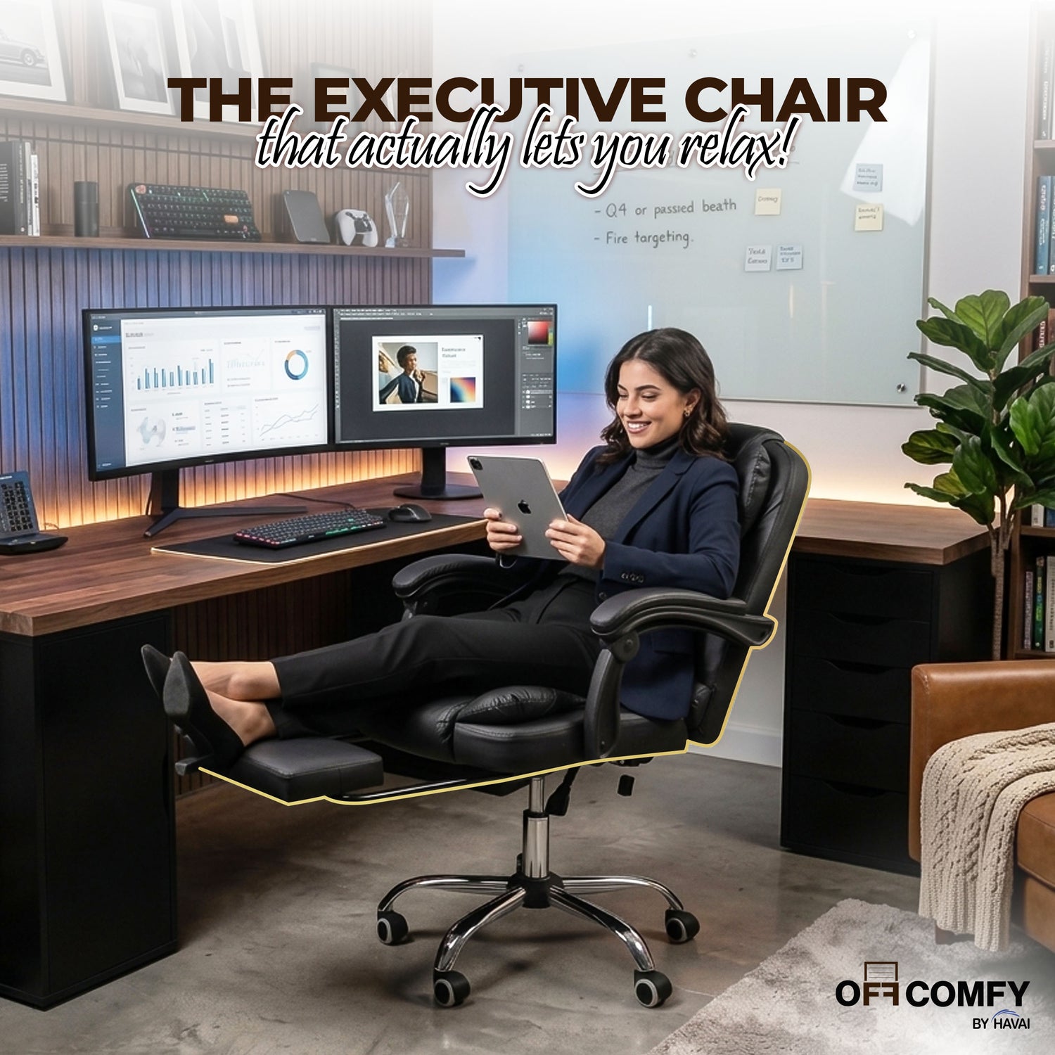 HAVAI Comfexa Executive Office Chair | Premium Recliner Chair with Footrest | Ergonomic High Back Cushion | PVC Leather Finish | Reclining &amp; Folding Mechanism | Class 2 Gas Lift | Nylon Base | Heavy Duty Office &amp; WFH Chair | Black