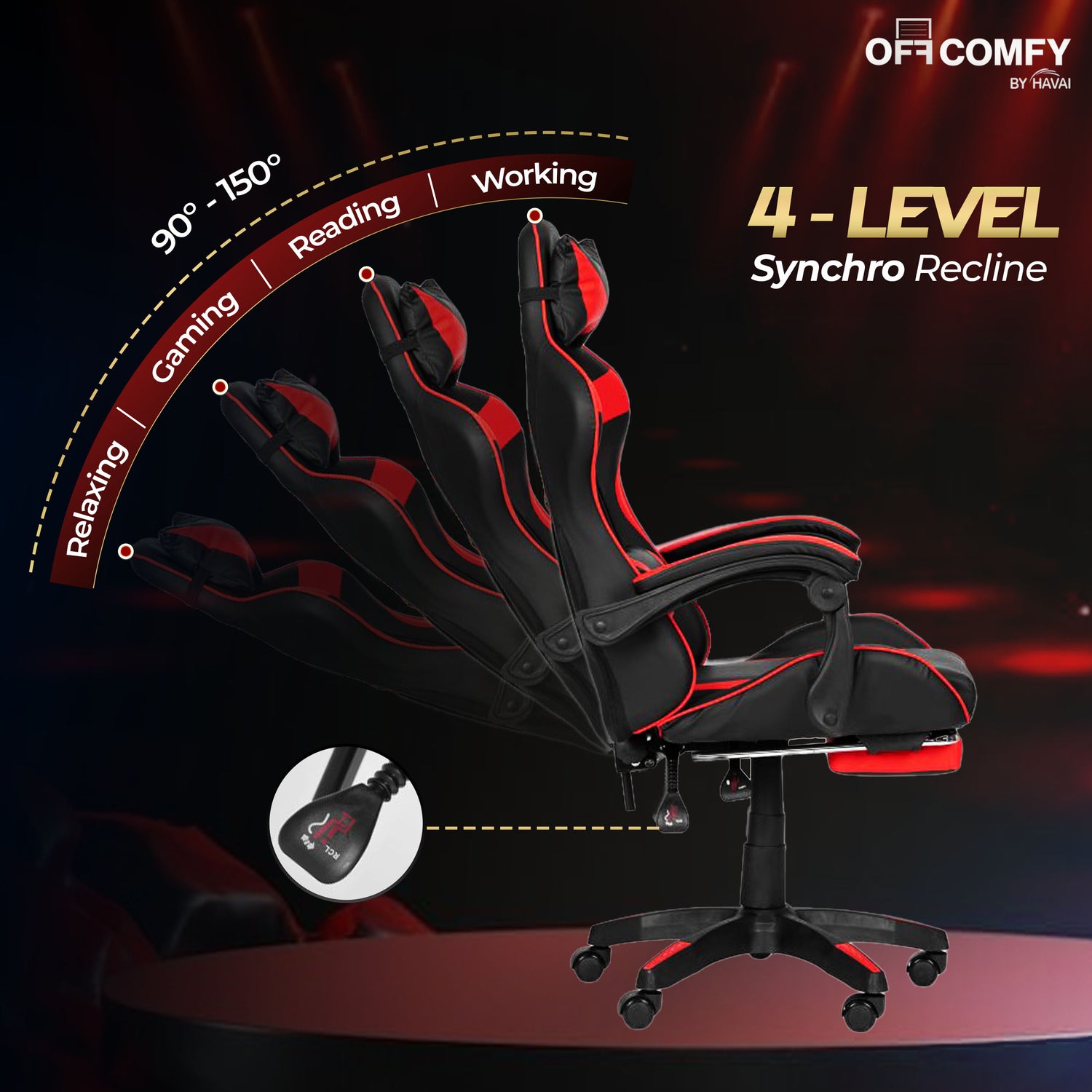 HAVAI Vortex Red Gaming Chair | Ergonomic High Back Computer Chair with Linkage Armrests | Reclining &amp; Folding Backrest | Premium 0.55mm PVC Upholstery | High Density Foam Cushion | Class 1 Gas Lift | 320mm Nylon Base | Heavy Duty Wheels | (Red &amp; Black)