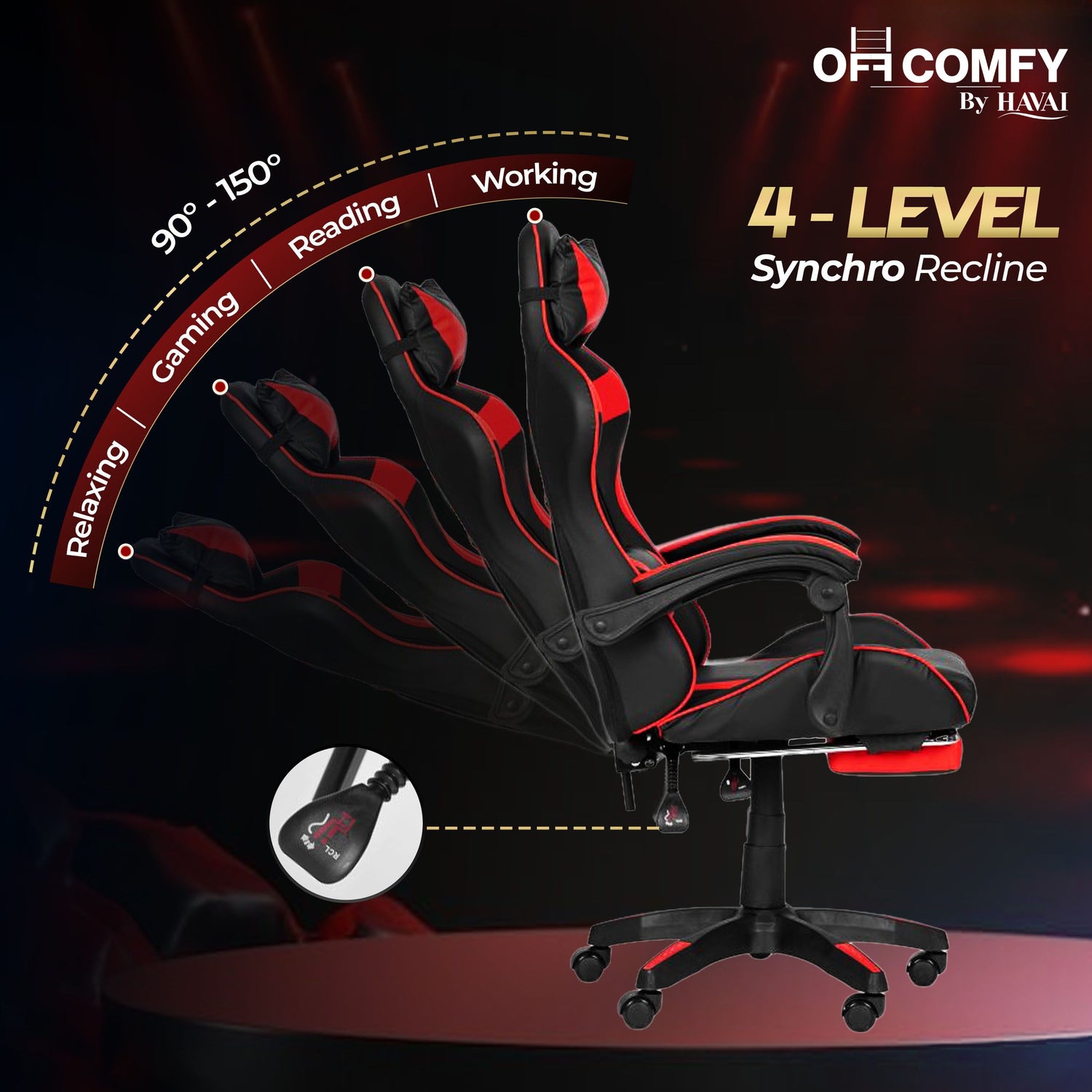 HAVAI Vortex Red Gaming Chair | Ergonomic High Back Computer Chair with Linkage Armrests | Reclining &amp; Folding Backrest | Premium 0.55mm PVC Upholstery | High Density Foam Cushion | Class 1 Gas Lift | 320mm Nylon Base | Heavy Duty Wheels | (Red &amp; Black)