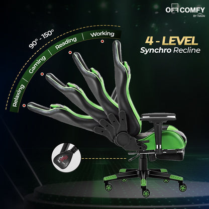 HAVAI Vortex GREEN Gaming Chair | Ergonomic High Back Computer Chair with Linkage Armrests | Reclining &amp; Folding Backrest | Premium 0.55mm PVC Upholstery | High Density Foam Cushion | Class 1 Gas Lift | 320mm Nylon Base | (Green &amp; Black)