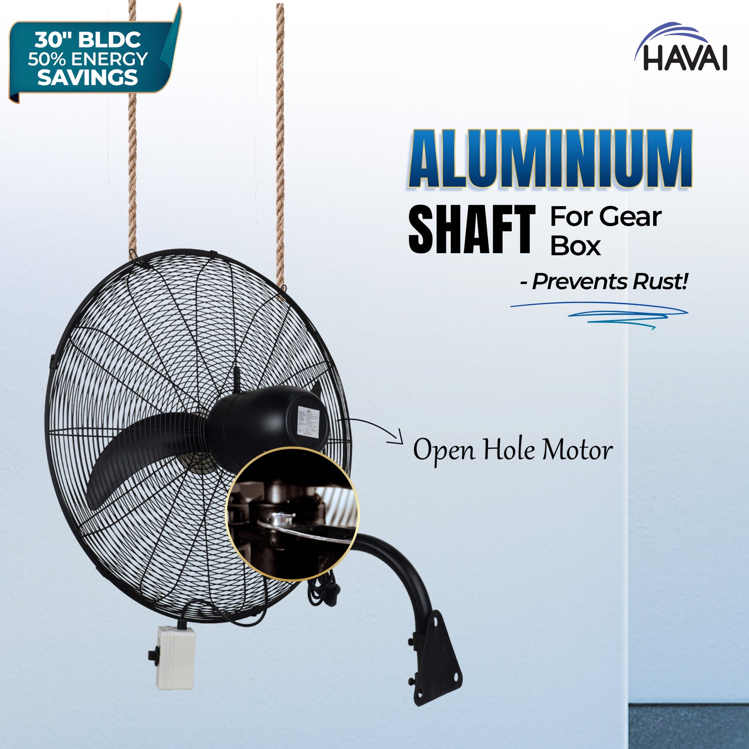 Havai BLDC Wall Mount Fan 30 Inch, 50% Savings On Electricity, High Velocity, Heavy Duty Metal For Industrial, Commercial And Residential Use, Assembly Included , Black