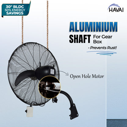 Havai BLDC Wall Mount Fan 30 Inch, 50% Savings On Electricity, High Velocity, Heavy Duty Metal For Industrial, Commercial And Residential Use, Assembly Included , Black