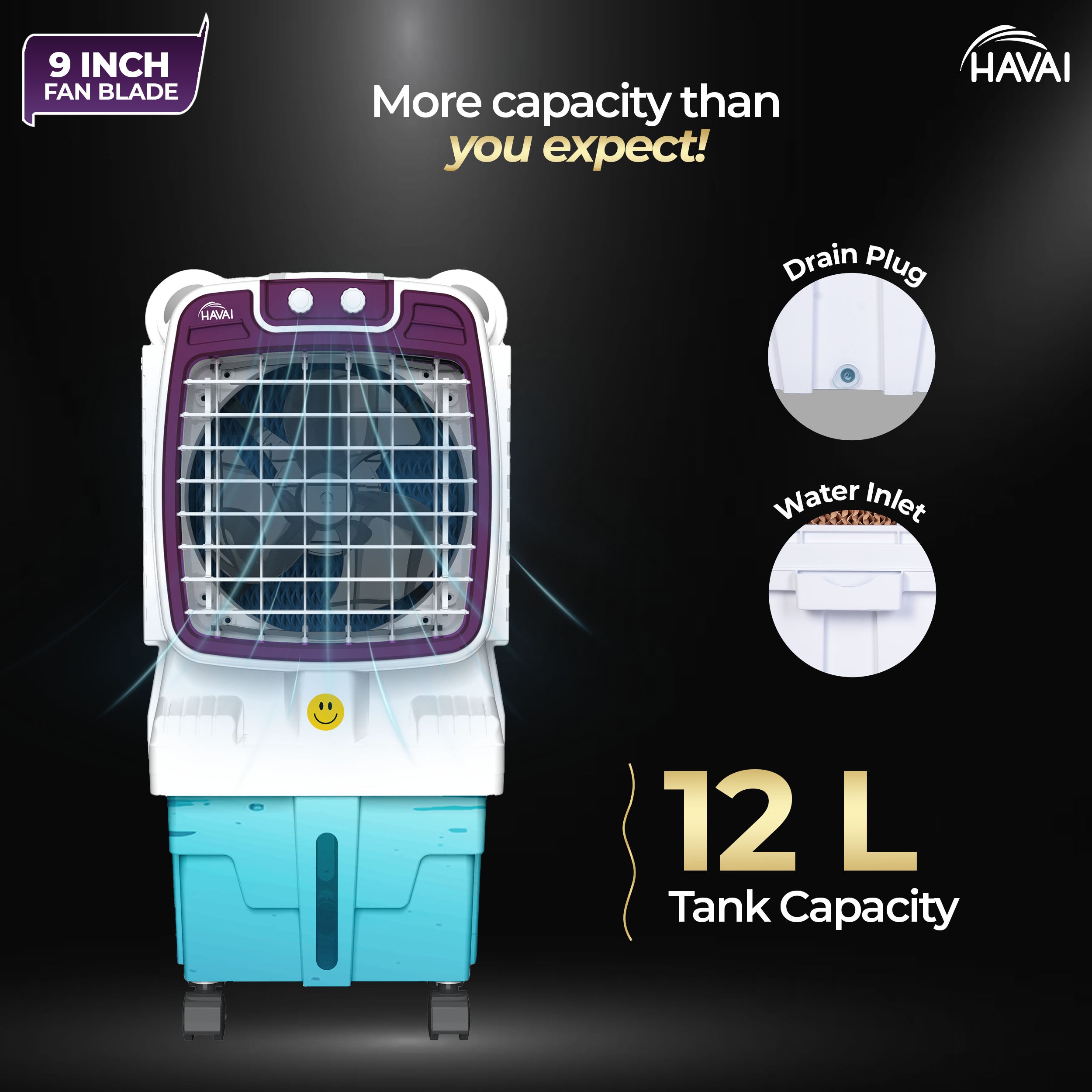 HAVAI Arizona 9 Mini Personal Air Cooler | India’s First 9-Inch Blade Cooler | 2600 RPM | 5 Ft Air Throw | 3-Side Honeycomb | 12L Tank | Motorised Louvers | 120W | Ideal for 50 Sq Ft