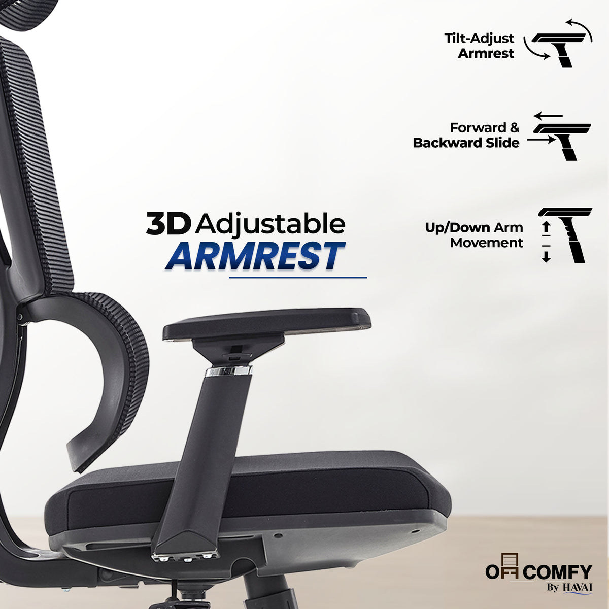 Havai AeroFlex High Back Office Chair | Ergonomic High Back Mesh | Adjustable Headrest | Lumbar Support | Reclining Function | Height Adjustable | 2D Adjustable Armrests | Comfortable Cushioned Seat | Chrome Five-Star Base | Smooth Rolling Casters | Black