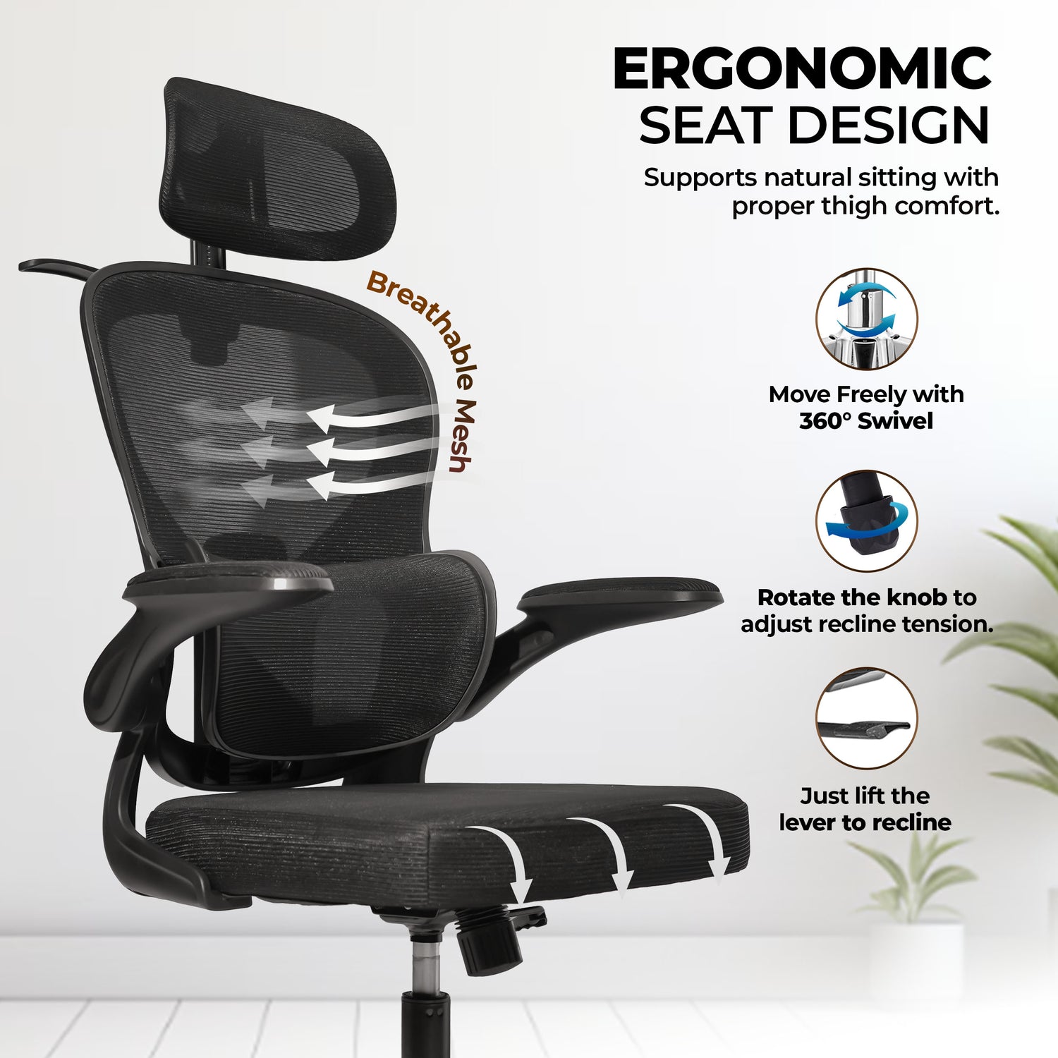 HAVAI Velmora Ergonomic Office Chair | High Back Mesh Chair with Reclining Mechanism, Adjustable Armrest, Headrest &amp; Lumbar Support | Nylon Base &amp; Wheels | Executive/WFH Chair (Black)