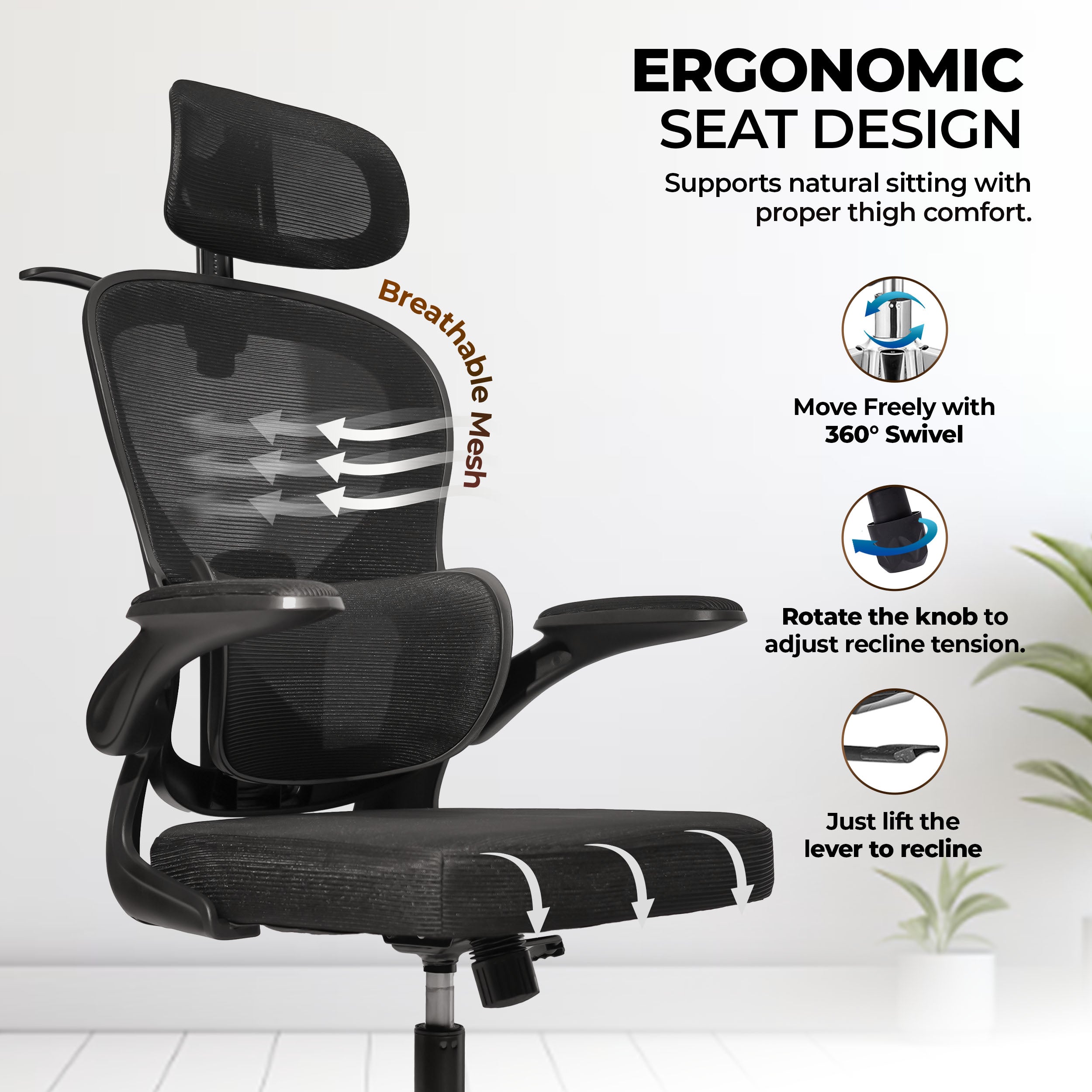 HAVAI Velmora Ergonomic Office Chair | High Back Mesh Chair with Reclining Mechanism, Adjustable Armrest, Headrest &amp; Lumbar Support | Nylon Base &amp; Wheels | Executive/WFH Chair (Black)