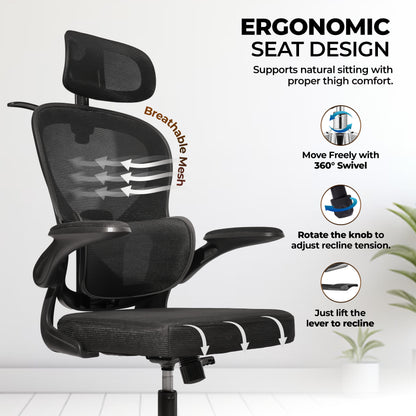 HAVAI Velmora Ergonomic Office Chair | High Back Mesh Chair with Reclining Mechanism, Adjustable Armrest, Headrest &amp; Lumbar Support | Nylon Base &amp; Wheels | Executive/WFH Chair (Black)