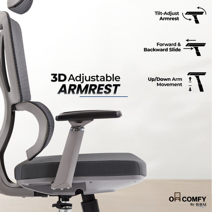 Havai AeroFlex High Back Office Chair | Ergonomic High Back Mesh | Adjustable Headrest | Lumbar Support | Reclining Function | Height Adjustable | 2D Adjustable Armrests | Comfortable Cushioned Seat | Chrome Five-Star Base | Smooth Rolling Casters | Grey