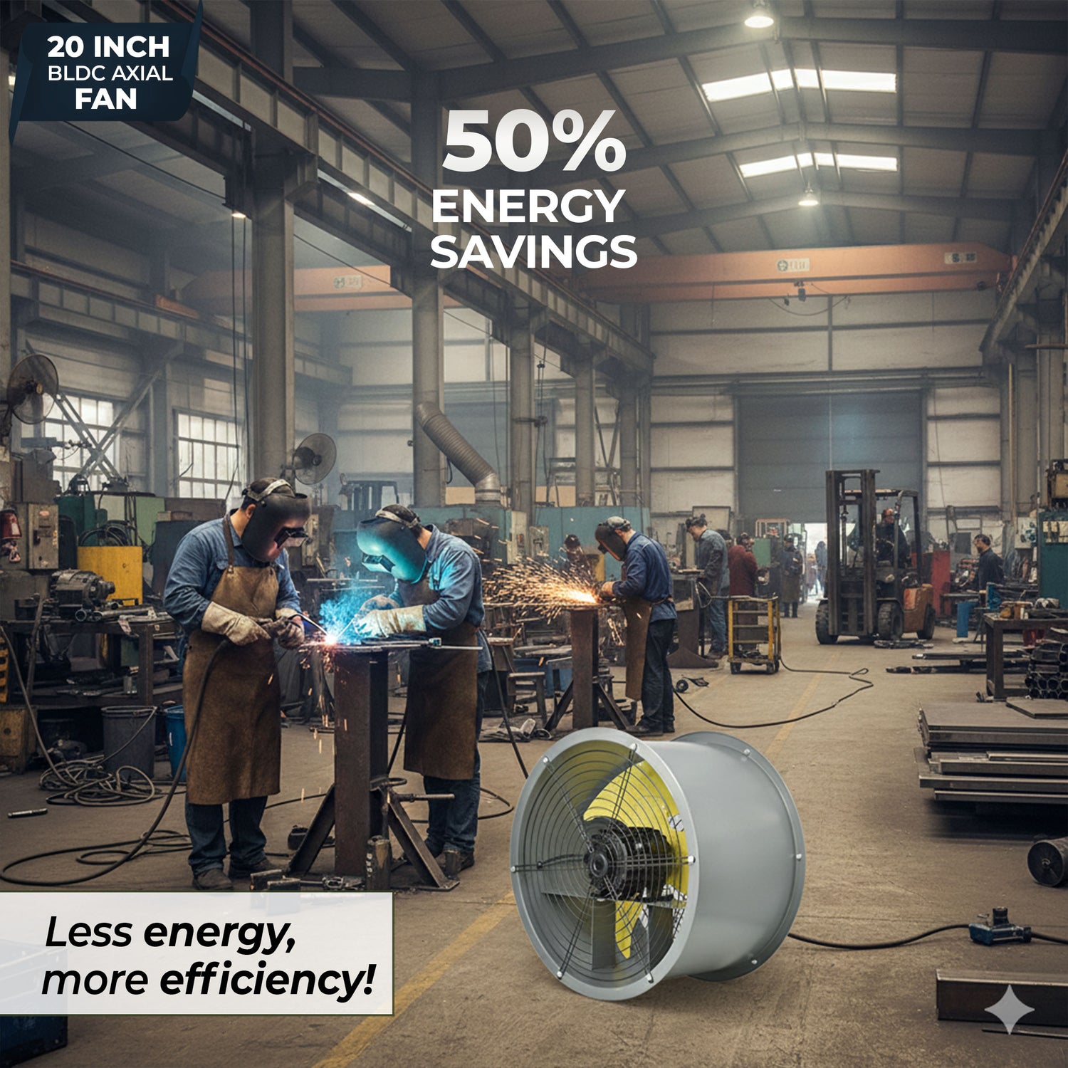 20-Inch Heavy Duty BLDC Axial Fan | Maintenance-Free BLDC Motor | 4-Leaf 2mm Aluminium Blades | 9-Speed Digital Controller | 600–13,000 m³/hr | 35W–350W | 2-Year Warranty
