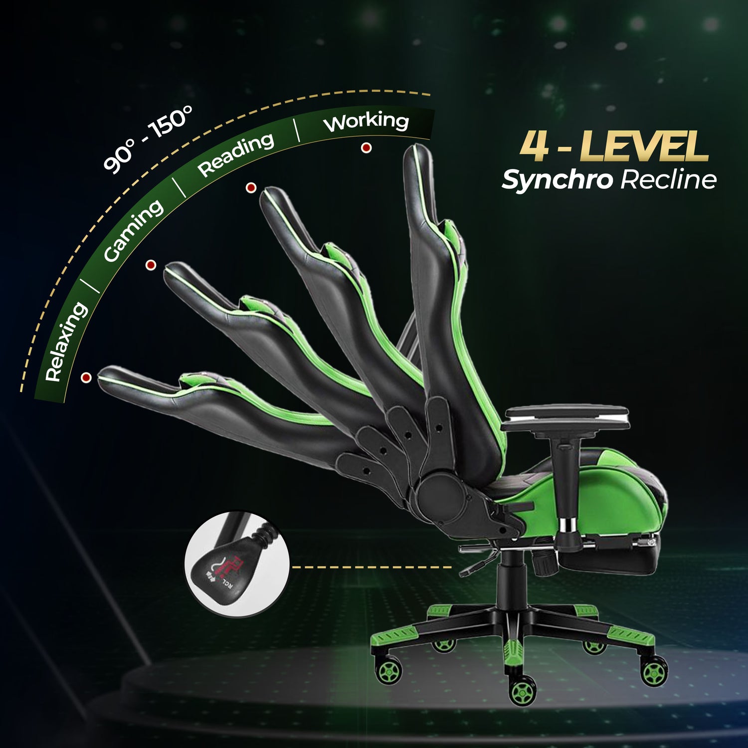HAVAI Vortex GREEN Gaming Chair | Ergonomic High Back Computer Chair with Linkage Armrests | Reclining &amp; Folding Backrest | Premium 0.55mm PVC Upholstery | High Density Foam Cushion | Class 1 Gas Lift | 320mm Nylon Base | (Green &amp; Black)