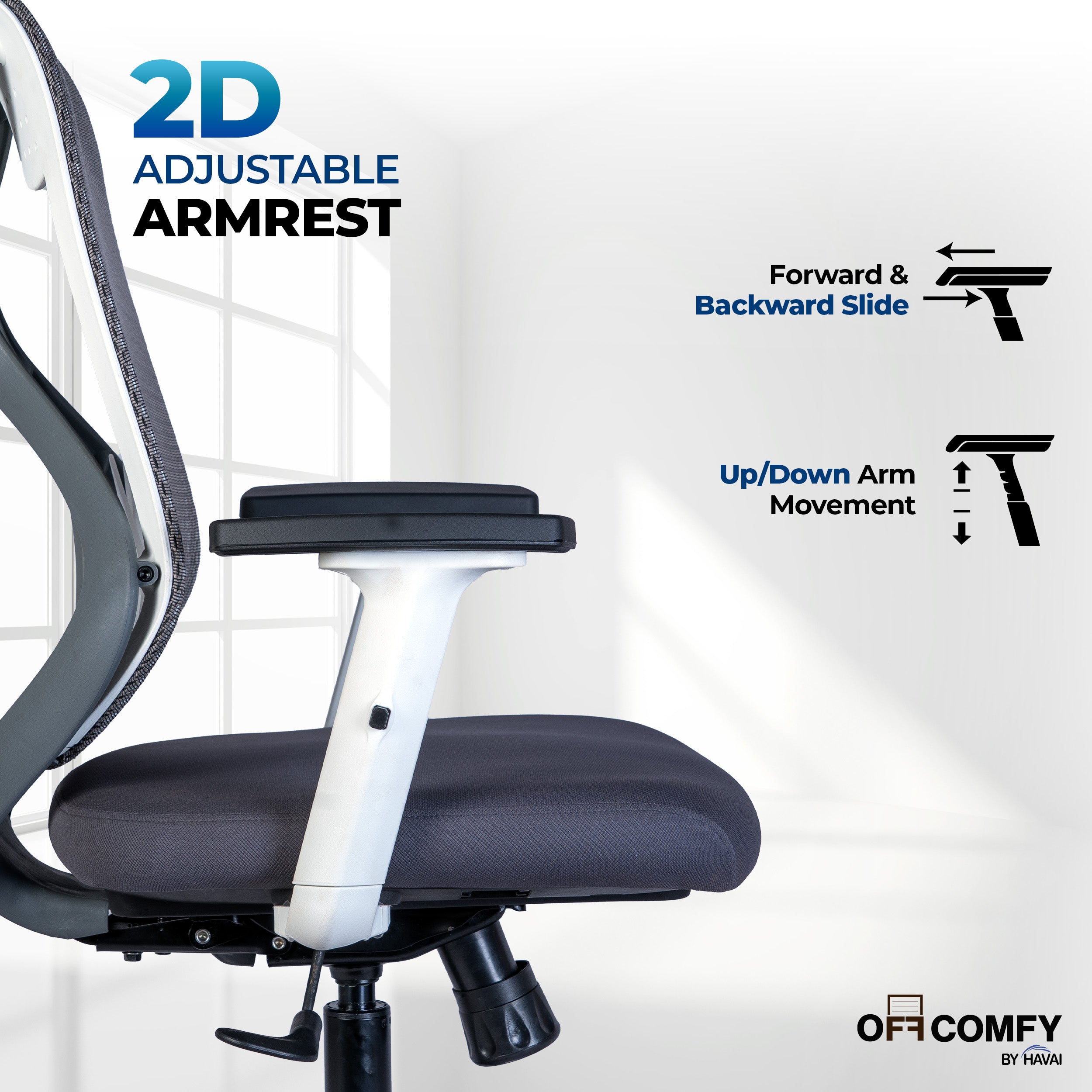 Off Comfy by HAVAI - Titan Pro Grey Chair |  Korean Mesh | Headrest | 2D Arms | Lumbar |  Seat Slider | Gaslift | Chrome Base | 60mm Castors