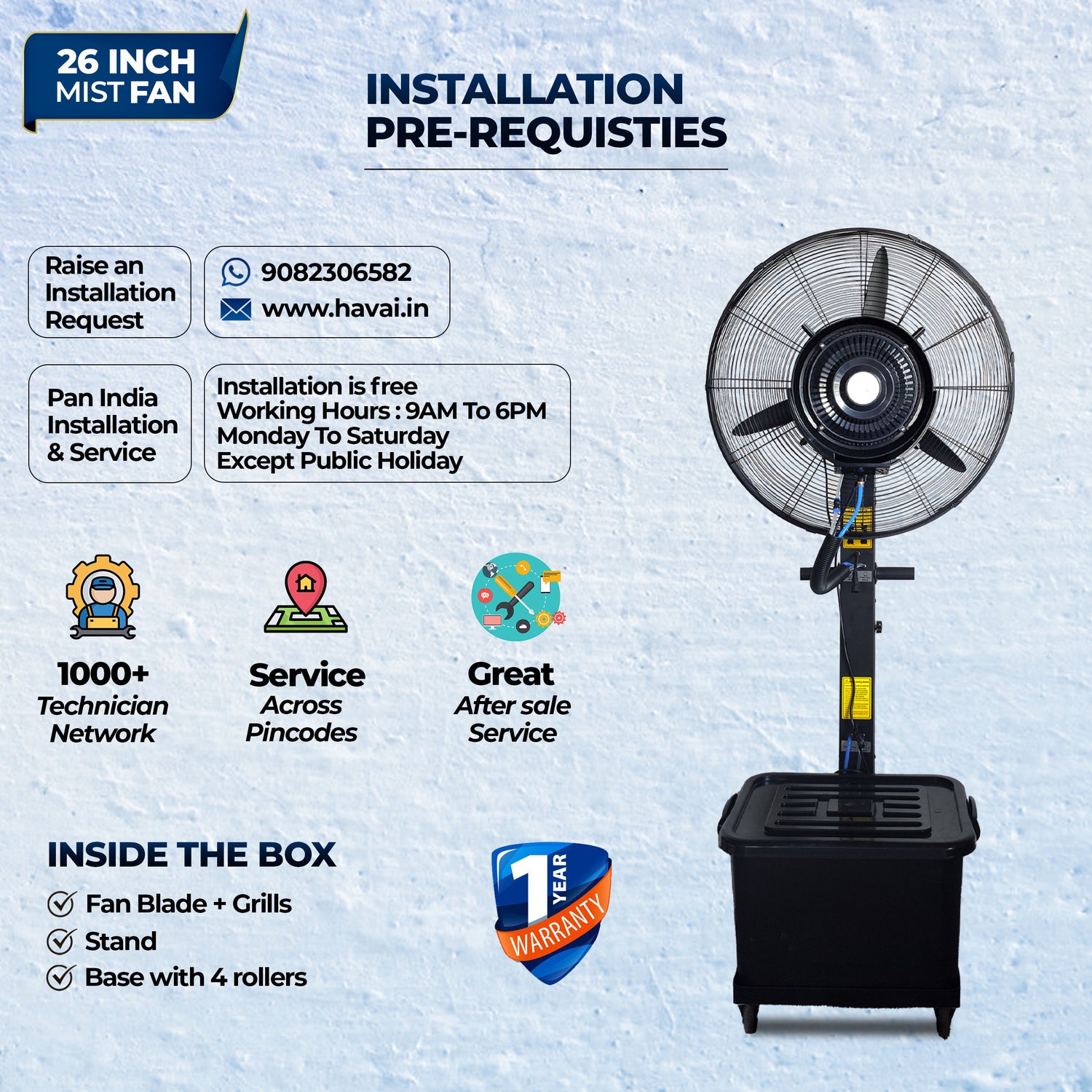 26″ Commercial Mist Fan, 260W Copper Motor | 10m Spray | Manual Mist Control | Aluminium Blade | Finger-Proof Grill | 41L Tank | Fixed 6ft Height | 48-Hour Installation &amp; 1-Year Warranty