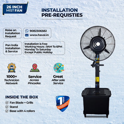 26″ Commercial Mist Fan, 260W Copper Motor | 10m Spray | Manual Mist Control | Aluminium Blade | Finger-Proof Grill | 41L Tank | Fixed 6ft Height | 48-Hour Installation &amp; 1-Year Warranty